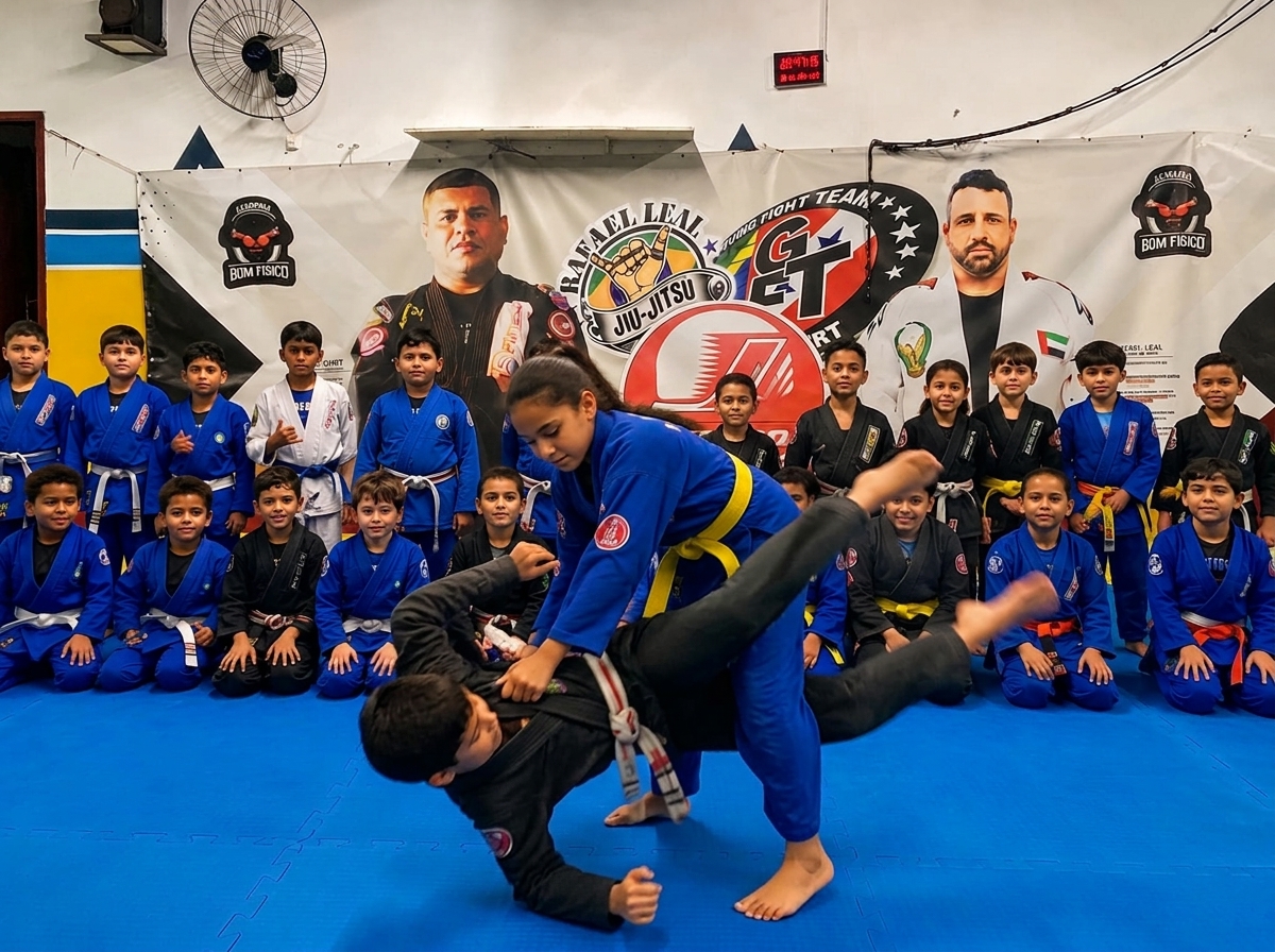 Treino de Jiu-Jitsu no tatame da Academia Bom Físico