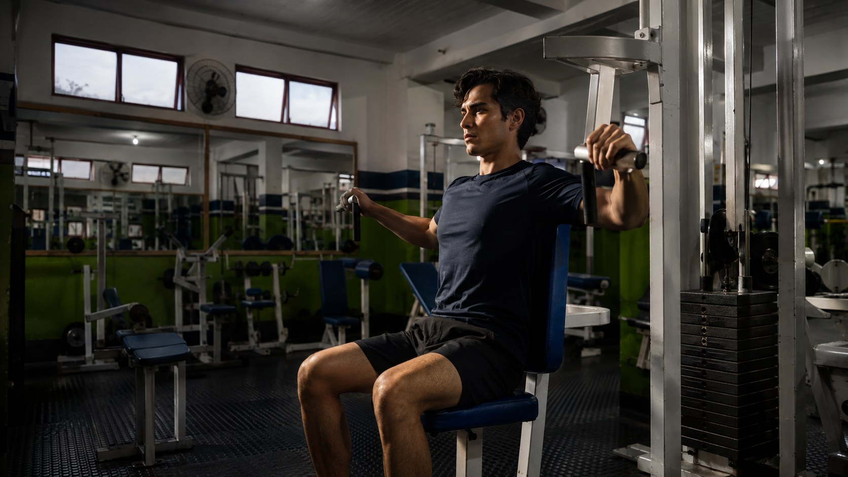 Aluno treinando em aparelho de musculação na Academia Bom Físico